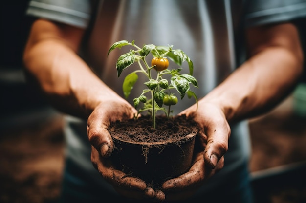 Young tomato seedling in the hands of a man Closeup Young tomato seedling in a pot in the hands of a gardener AI Generated