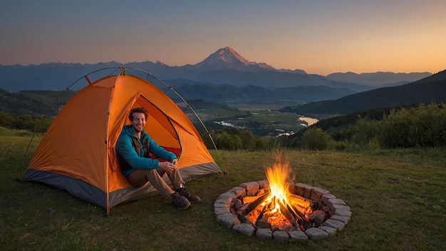 young tourist sitting in a tourist tent with a campfire next to it and mountains in the background with sunset light