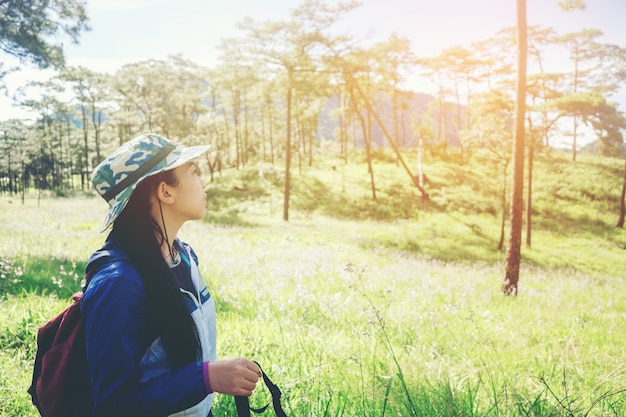 Молодая туристская женщина, путешествующая пешком и турист в концепции Forest Travel