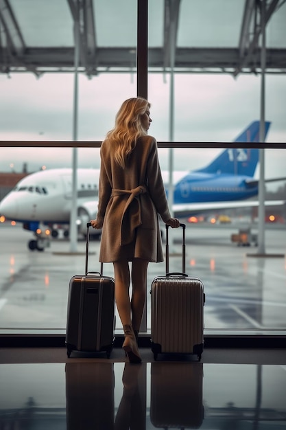 スーツケースを持ち、空港のホールの部屋で飛行機を見ている若い観光客の女性 空港の窓で旅行中の女性の背面図