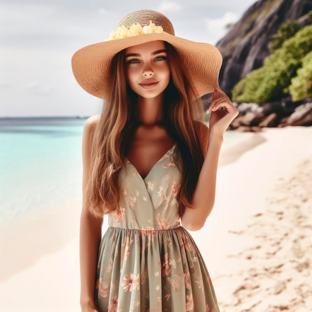 Молодая туристка в летнем платье и шляпе стоит на красивом песчаном пляже.