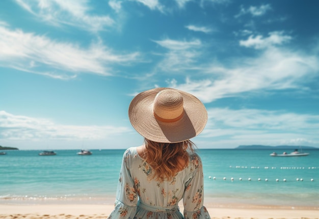 young tourist woman in summer dress and hat standing on beautiful sandy beach Cute girl enjoying