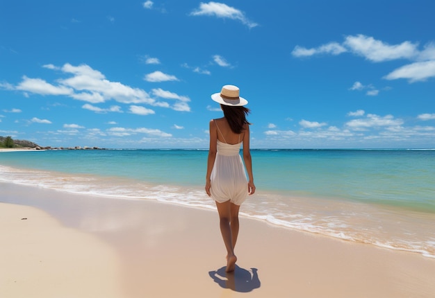 young tourist woman in summer dress and hat standing on beautiful sandy beach Cute girl enjoying