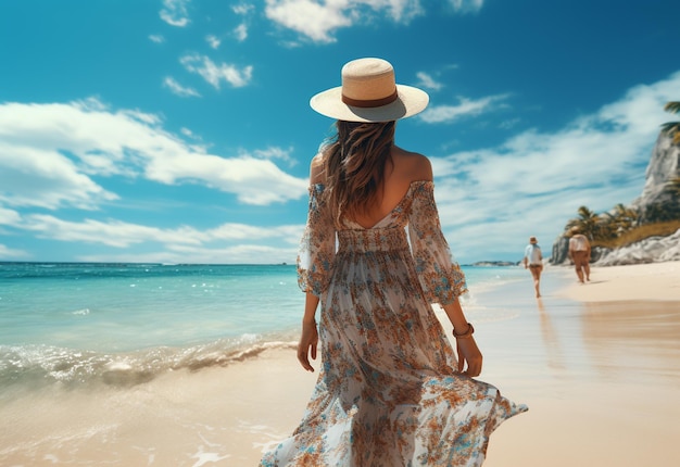 young tourist woman in summer dress and hat standing on beautiful sandy beach Cute girl enjoying