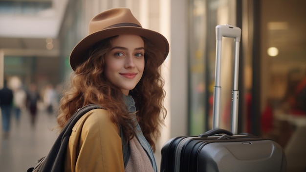 Young tourist woman with hat and suitcase