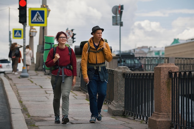 Young tourists walk the streets of the city, Saint Petersburg