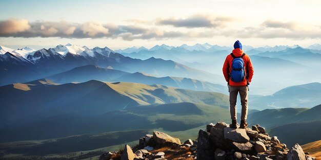 Young tourists with backpacks enjoying mountain views on the mountain ai generated