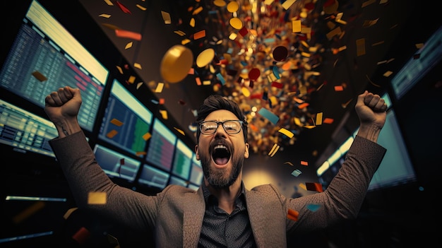 Photo young trader celebrating a victorious stock market trade