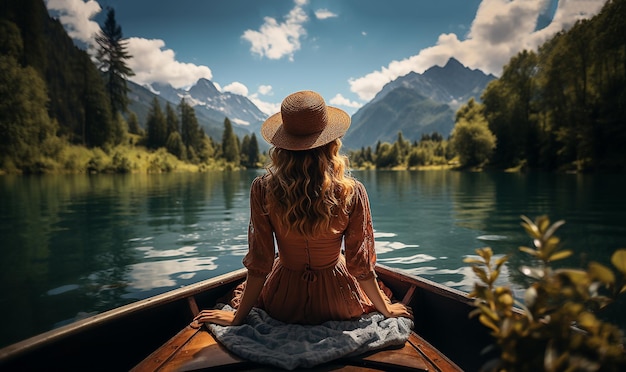 Young travel girl sitting on the stern of the boat looking at the beautiful view in front of you