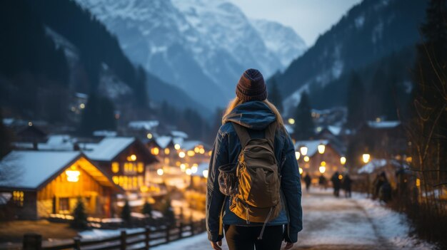 若い旅行者は夕暮れの日本で雪に覆われたユネスコの村を賞賛しています