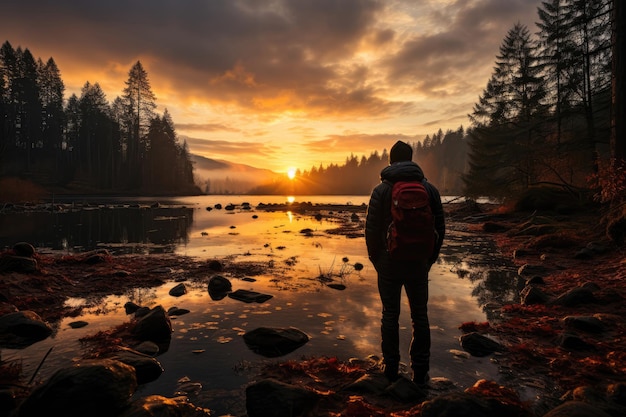 A Young Traveler Against A Background Of A Crystalclear Lake Generative AI