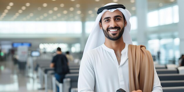 Young traveler at the airport handsome man with luggage passport and tickets