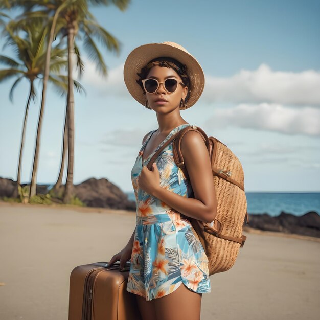 Young traveler black woman wearing sunglasses on head standing with backpack Hawaiian outfit