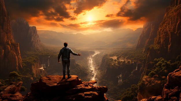 Photo young traveler man walking on the mountain