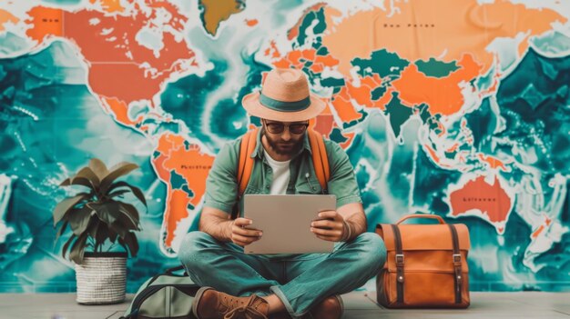 Photo young traveler planning trip in front of world map