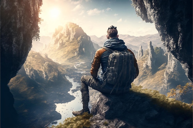 Молодой путешественник сидит на скале, которая нависает над пропастью с красивым пейзажем