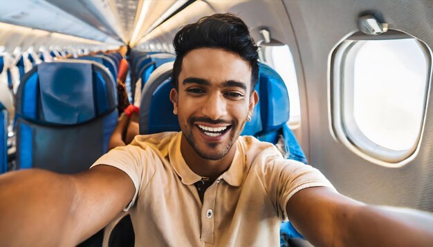 Photo young traveler taking a selfie on the plane