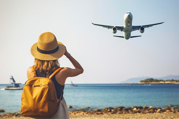 Young traveler watches the planes take off during the tourist season Ai generated