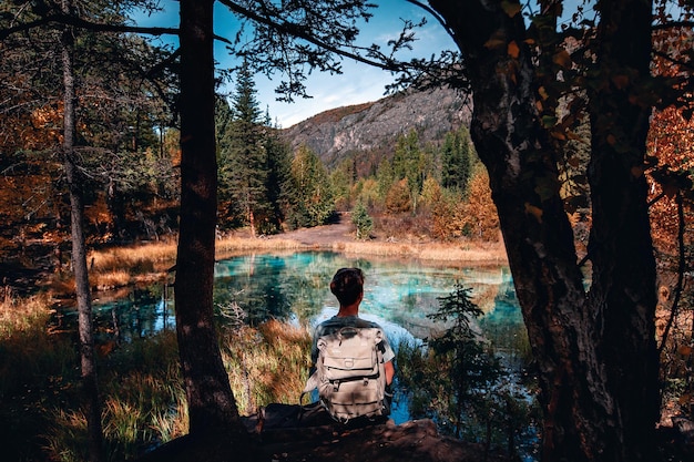 Young traveler with a backpack on his back is sitting on the coast of a sparkling lake and admiring the view of nature, man silhouette