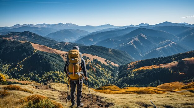 山の景色を楽しむ崖の上に黄色いバックパックを持つ若い旅行者の女性 スポーツ コンセプトの旅行者アクティブなライフ スタイル