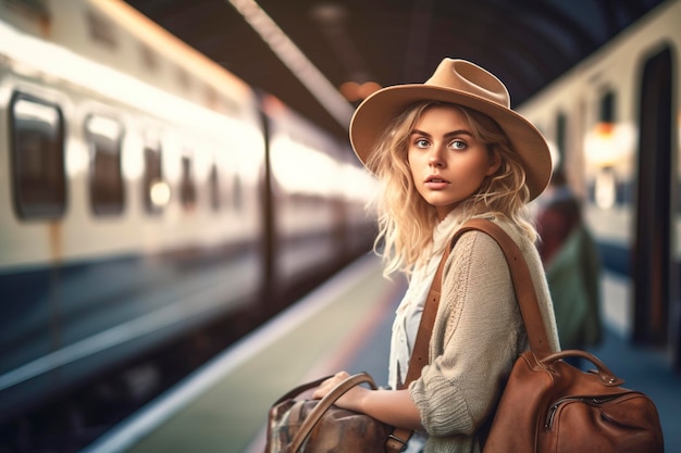 A young traveling girl awaits the departure of her train Ai generated