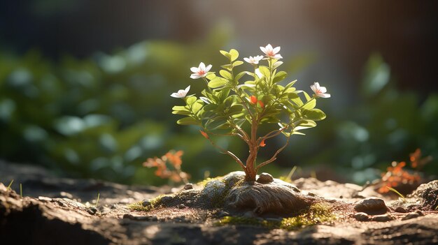 自然な日の出で庭で開花する若い木 生成的AI