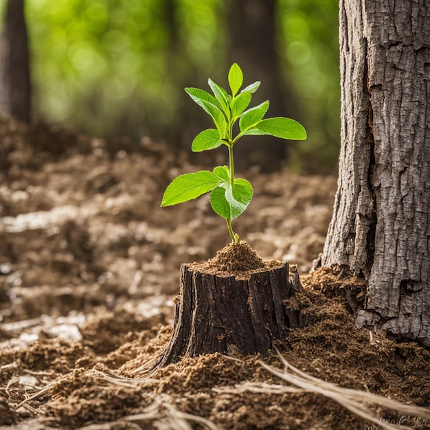 Photo young tree emerging from old tree stump