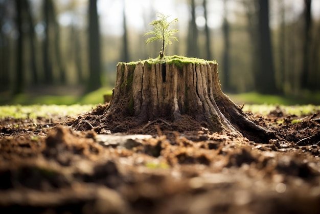 Photo young tree emerging from old tree stump