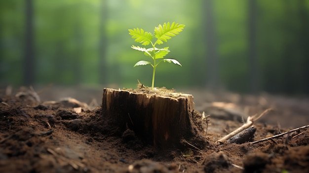 Photo young tree emerging from old tree stump