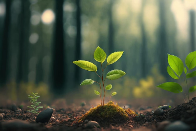 A young tree growing in a forest with other trees visible in ou