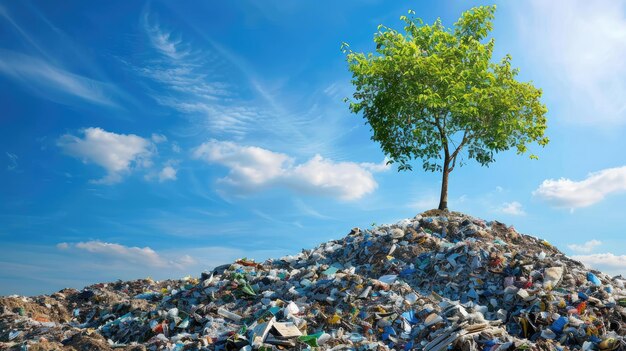 Foto un giovane albero che cresce da una montagna di rifiuti domestici in discarica su un cielo blu