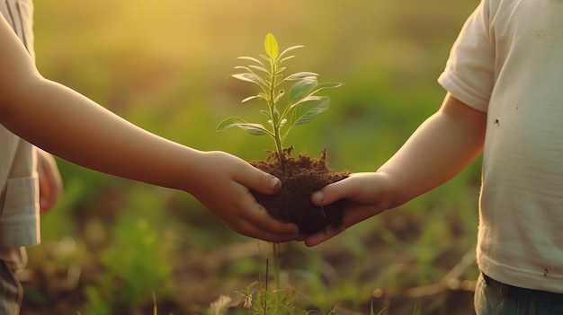 Photo young tree in hands against background of garden