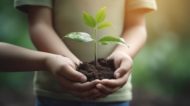 Young tree in hands against background of garden