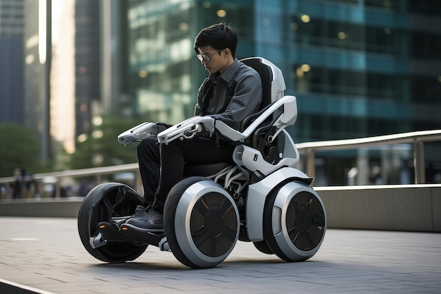 写真 未来的なハイテク車椅子に乗って街を走る若いファッショナブルなファッションマン 障害者のための革新的な技術 生成的なai