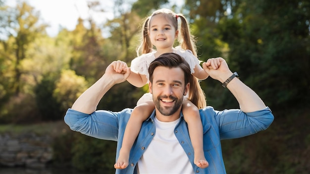 Young trendy father with his little daughter sitting on shoulders