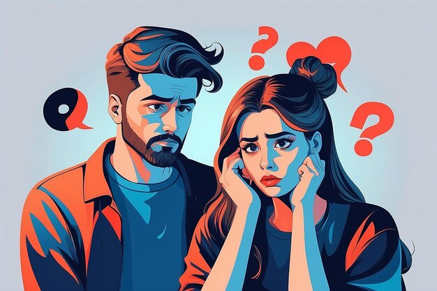 Young troubled couple confused woman and man thinking together people with question marks vector illustration man and woman with question thinking guy