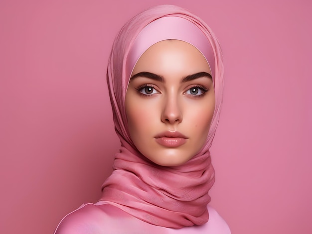 Young turkish woman on a pink background Portrait Ai Generative