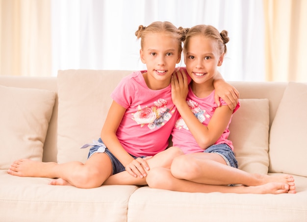 Young twins are embracing each other on a couch.