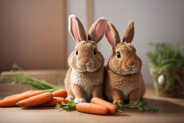 写真 幼い2人の可愛い茶色のイースターウサギがキャロットを食べている