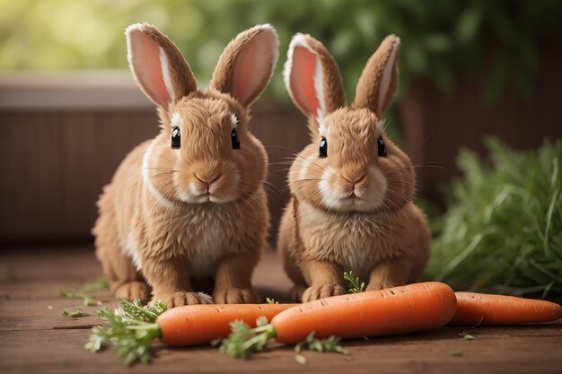 写真 幼い2人の可愛い茶色のイースターウサギがキャロットを食べている