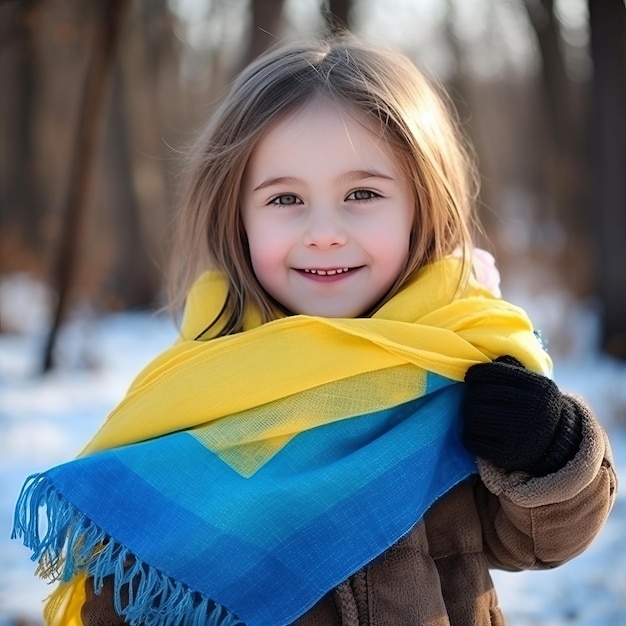 A young Ukrainian girl proudly holds her country's flag