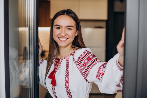 Young ukrainian woman in traditional vyshyvanka