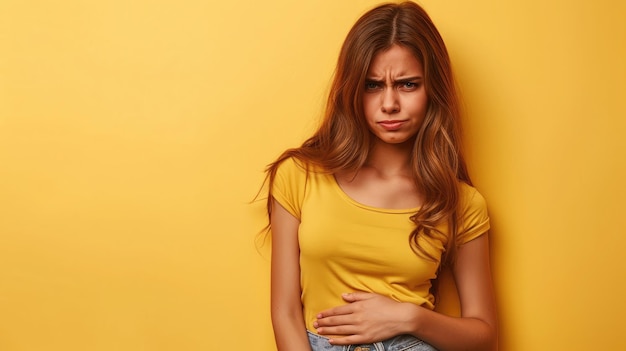 Foto giovane infelice malata donna malata tiene la mano sullo stomaco soffre di dolore pms isolato su sfondo di colore giallo