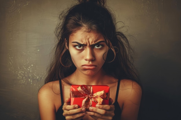 Young unhappy woman holding a present in her hands