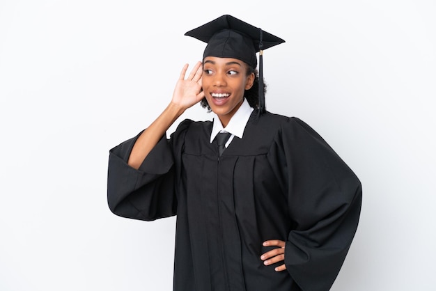 Афро-американская женщина-выпускник университета изолирована на белом фоне, слушая что-то, положив руку на ухо