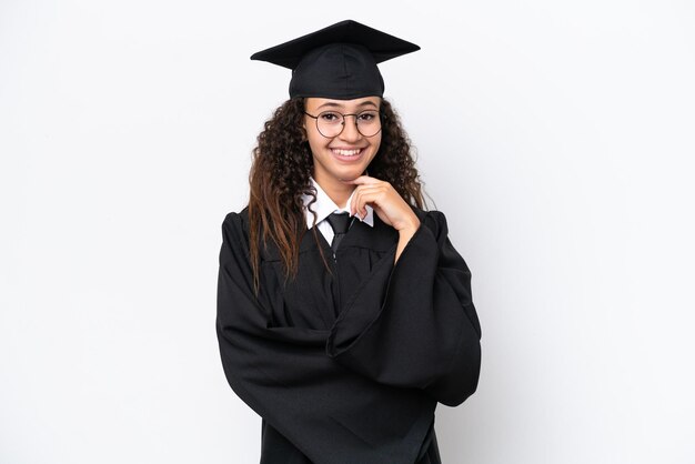 Young university graduate Arab woman isolated on white background with glasses and smiling