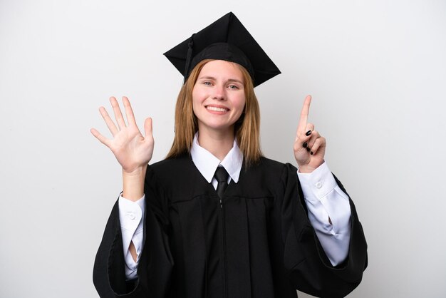 Young university graduate English woman isolated on white background counting six with fingers