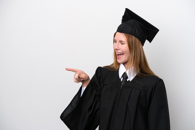 Young university graduate English woman isolated on white background pointing finger to the side and presenting a product