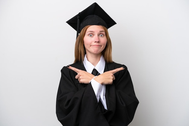 Young university graduate English woman isolated on white background pointing to the laterals having doubts