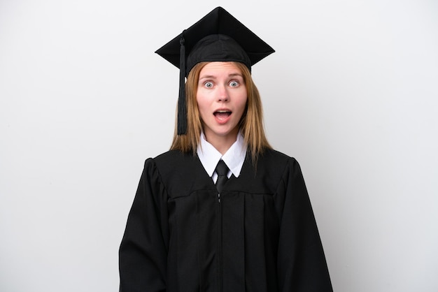 Young university graduate English woman isolated on white background with surprise facial expression